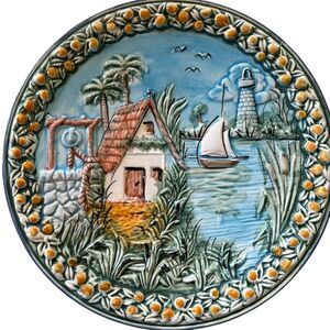 Vintage Italian Majolica Plate / Wall Decor Coastal Scene w/Orange Print Border